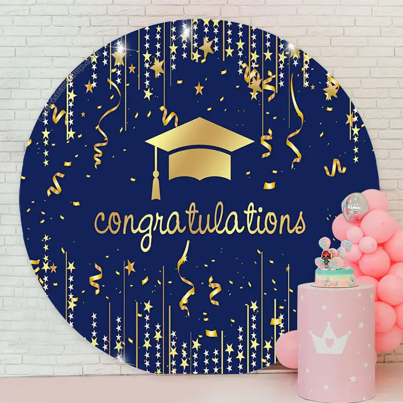 (Clearance | Ship In 24HR) Gold Mortarboard Blue Circle Congrats Grad Backdrop