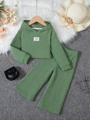 2 Pieces Girls' Fashion Hooded Sets Autumn and Winter Solid-color Short Long-sleeved Tops and Wide-leg Pants Elegant Baby Gir...