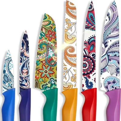 【The pioneer woman knife set】Astercook rainbow knife set, Kitchen Knife Set, 6 Knives, 6 Protective Sleeves, Can Cut Meat...
