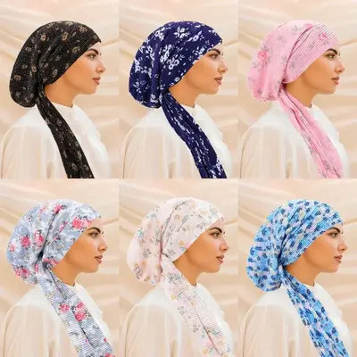 2025 New Crinkle Women Floral Printed Elastic Muslim Turban Hijab Cancer Head Scarf Chemo Hair Loss Hat Pre-Tied Headwear Ban...