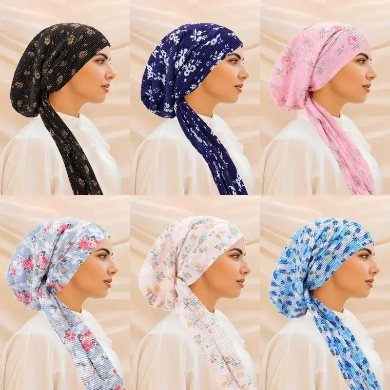2025 New Crinkle Women Floral Printed Elastic Muslim Turban Hijab Cancer Head Scarf Chemo Hair Loss Hat Pre-Tied Headwear Ban...