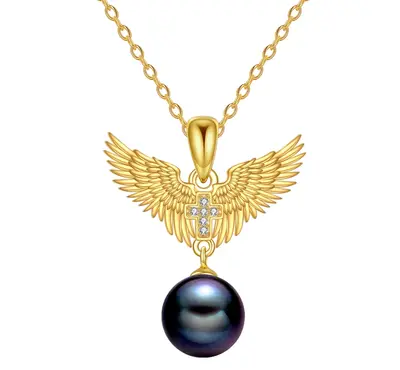 14K Gold Pearl Angel Wing Pendant Necklace for Women