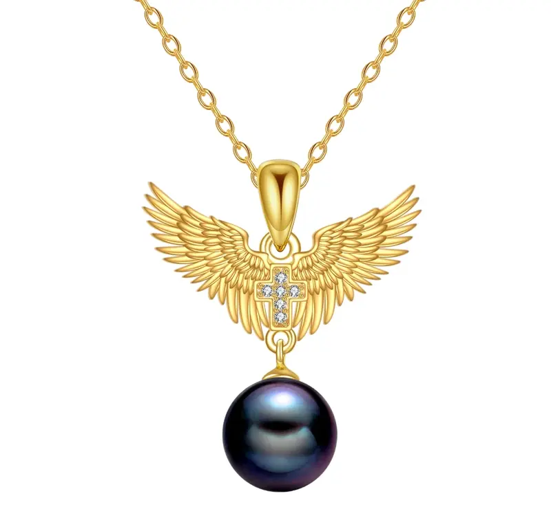 14K Gold Pearl Angel Wing Pendant Necklace for Women