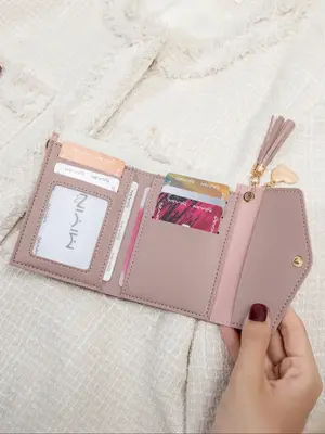 Women's Solid Color PU Leather Card Holder, with Tassel Decor, Fashionable Coin Purse, Casual Versatile Short Wallet for Dail...