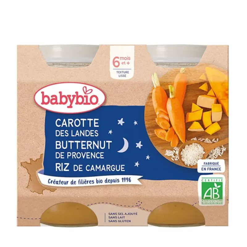 Babybio Dinner Pots - 6 months and more - Carrot, Butternut, Rice - ORGANIC 2x200 g