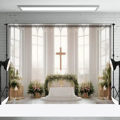 Aperturee Holy White Window Cross Floral Wedding Photo Backdrop, 3X2FT(1MX0.6M), 14 USD, wedding backdrops, NYHD6I29-M