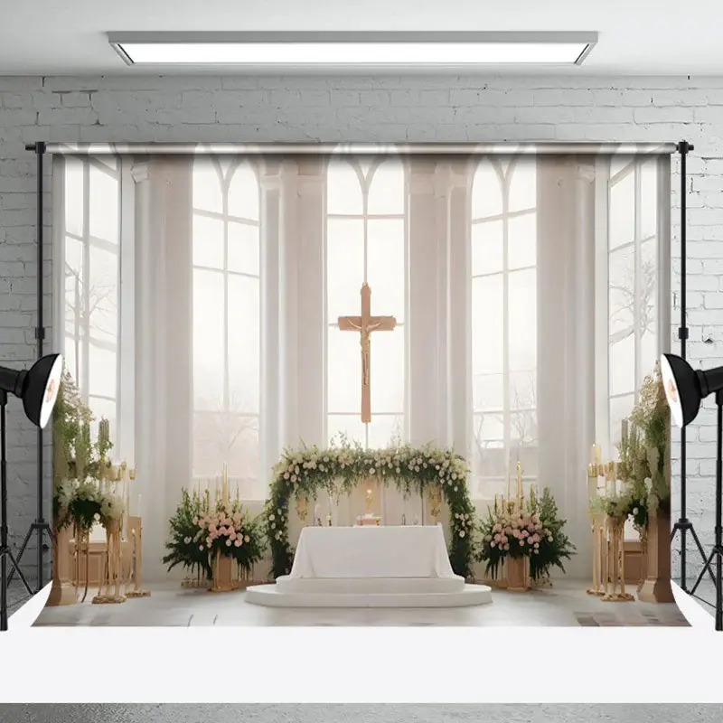 Aperturee Holy White Window Cross Floral Wedding Photo Backdrop, 3X2FT(1MX0.6M), 14 USD, wedding backdrops, NYHD6I29-M