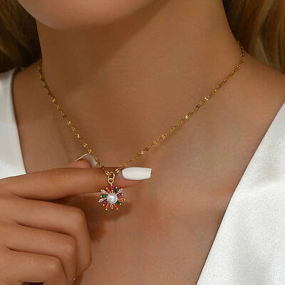 Brass Micro Pave Cubic Zircon Flower Pendant Necklaces for Women