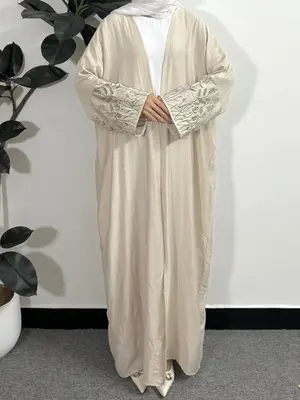 Women's Plain Floral Embroidery Drop Shoulder Abaya, Modest Long Sleeve Open Front Abaya for Daily Wear, Ladies Islamic Cloth...