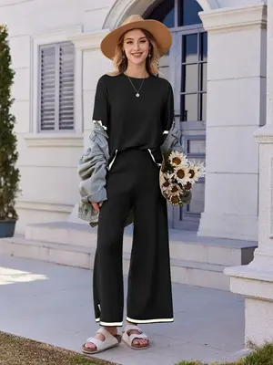 Women's 2-Piece Lounge Set - Black Knit Tracksuit with Short Sleeve Top & Wide Leg Pants - Soft Stretchy Homewear for Casual ...