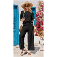 Ekouaer Women's 2-Piece Lounge Set - Black Knit Tracksuit with Short Sleeve Top & Wide Leg Pants - Soft Stretchy Homewear for...