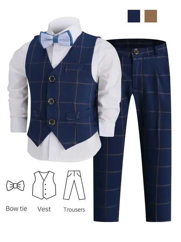 Three-piece Set Boy's Plaid Print Vest Blazer & Pants & Tie without Shirt, Casual Button Front Sleeveless Top & Trousers & Bo...