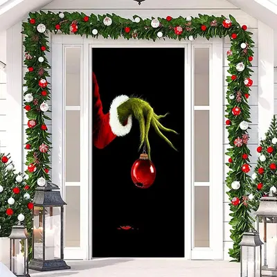 Green Monster Paw Black Simple Christmas Door Cover - Aperturee