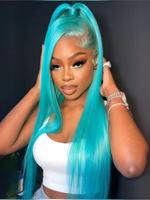Blue Long Straight Wigs for Women, Lace, Gorgeous Fluffy Synthetic Fiber Wigs without Bangs, Synthetic Lace Front Wigs for Pa...