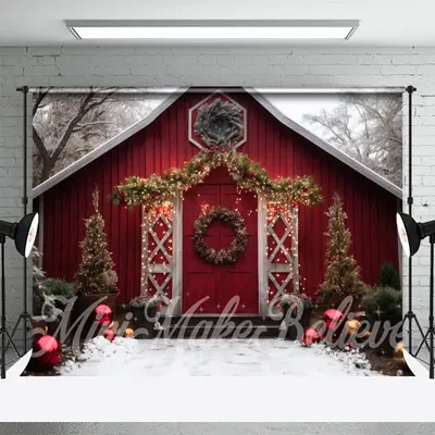 Snowy Red Wood House Wreath Light Christmas Backdrop - Aperturee