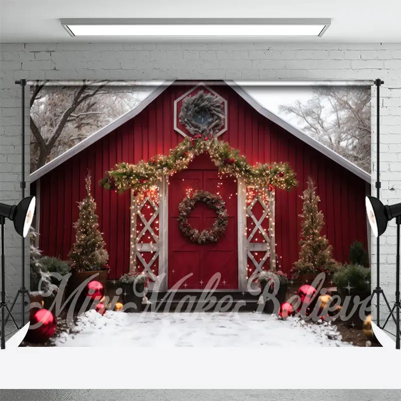 Snowy Red Wood House Wreath Light Christmas Backdrop - Aperturee