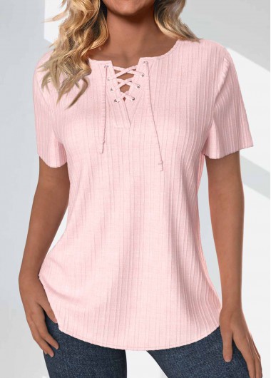 Modlily Light Pink Lace Up Short Sleeve Blouse - XL