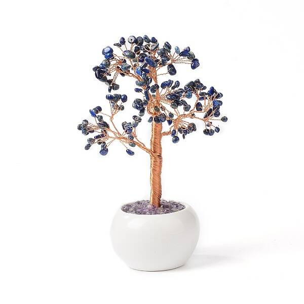 Natural Lapis Lazuli Chips with Brass Wrapped Wire Money Tree on Ceramic Vase Display Decorations