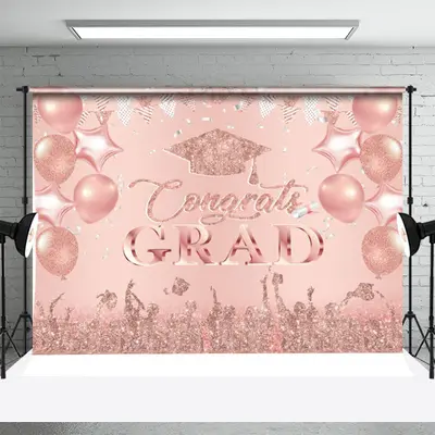 Rose Gold Glitter Balloon Flag Graduation Backdrop - Aperturee