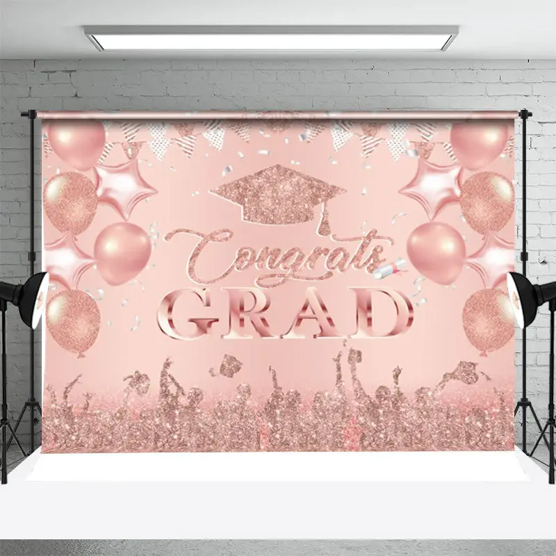 Rose Gold Glitter Balloon Flag Graduation Backdrop - Aperturee
