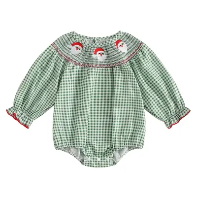 Newborn Baby Girl Christmas Outfit Long Sleeve Romper Santa/Gingerbread Man Embroidered Smocked Round Neck Plaid Onesie Bodys...