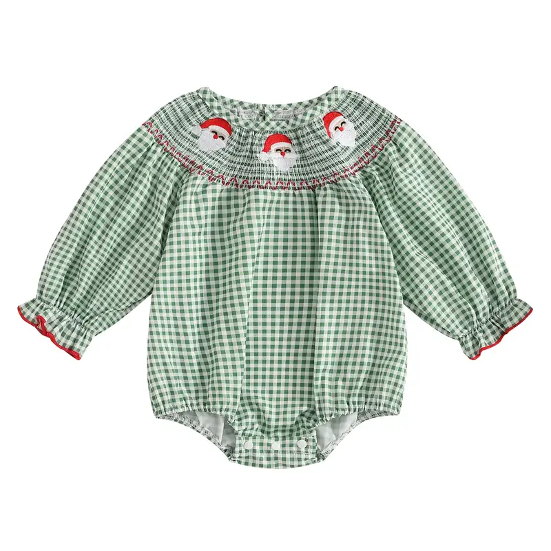 Newborn Baby Girl Christmas Outfit Long Sleeve Romper Santa/Gingerbread Man Embroidered Smocked Round Neck Plaid Onesie Bodys...