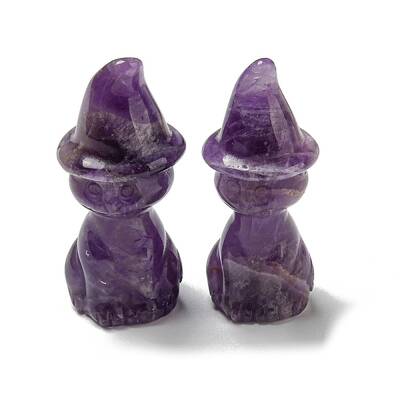 Natural Amethyst Carved Healing Cat with Witch Hat Figurines