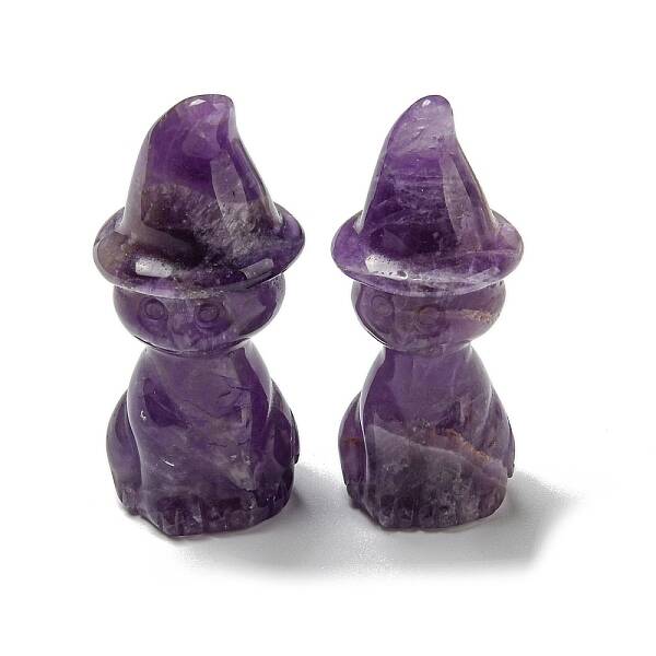 Natural Amethyst Carved Healing Cat with Witch Hat Figurines