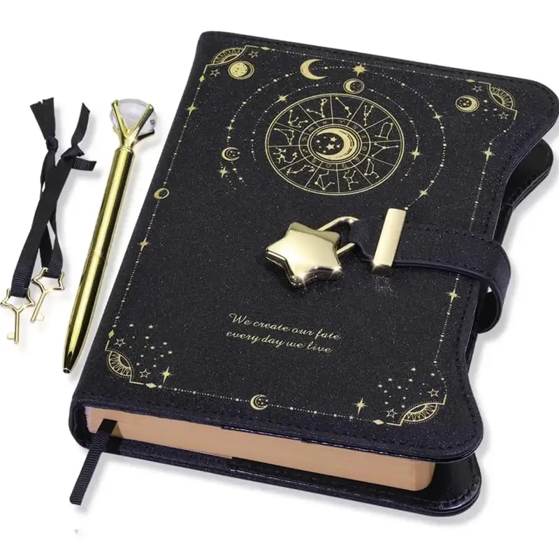 A5 Constellation Pattern Diary with Lock & Key & Pen & Bookmark, 360 Pages Moon Pattern Journal, B6 Refillable Notebook for W...