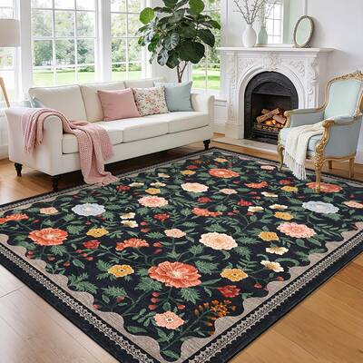 Garvee Large Black Rug 10x13 Washable Floral Living Room Rug Modern Farmhouse Soft Low Pile Non-Slip Indoor Carpet
