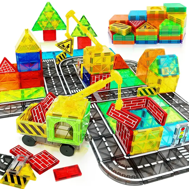 Magnetic Tiles Road Set with Magnet Crane Car Toys, STEM Construction Toys for Kids Ages 3-6, Random Color, Birthday Gifts Cr...