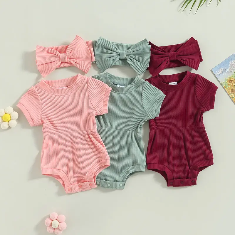 Baby Toddler Girls Jumpsuit Set 3 6 9 12 18 Months Solid Color Ribbed Short Sleeve Romper with Bow Headband Summer Outfits