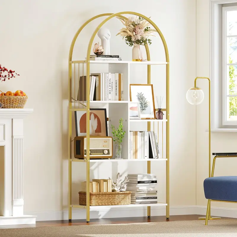 Yitahome Gold Arched Bookshelf and Bookcase, 5 Tier Standing Book Shelf, Storage Display Rack Shelves for Bedroom Living Room...