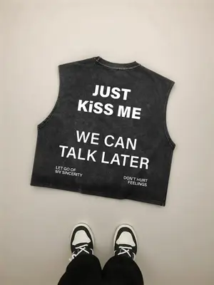 Men's Just Kiss Me Letter Print Tank Top, Loose Casual Street Sleeveless Top for Summer, Graphic Men's Clothes for Daily Wear...
