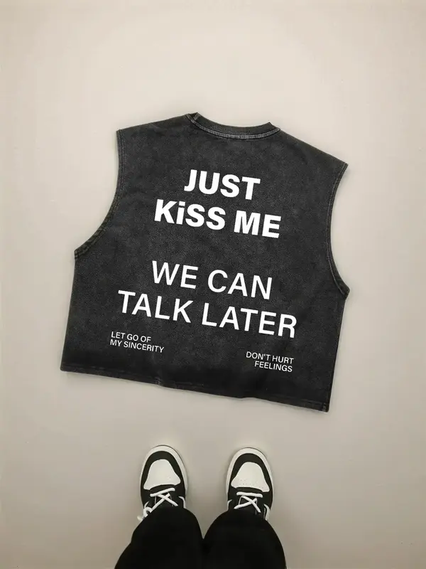Men's Just Kiss Me Letter Print Tank Top, Loose Casual Street Sleeveless Top for Summer, Graphic Men's Clothes for Daily Wear...