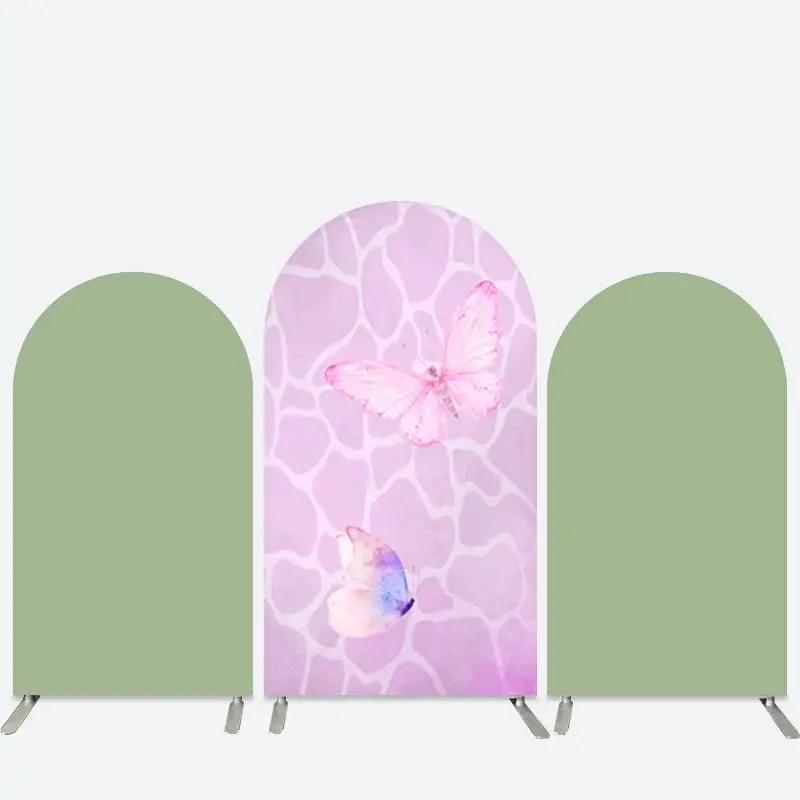 Aperturee Pink Butterfly Solid Green Arch Backdrop Kit For Girl | Chiara Wall Backdrop Diy | Round Arch Backdrop Cover | Wedd...