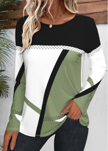 Modlily Avocado Green Patchwork Geometric Print Long Sleeve T Shirt - L