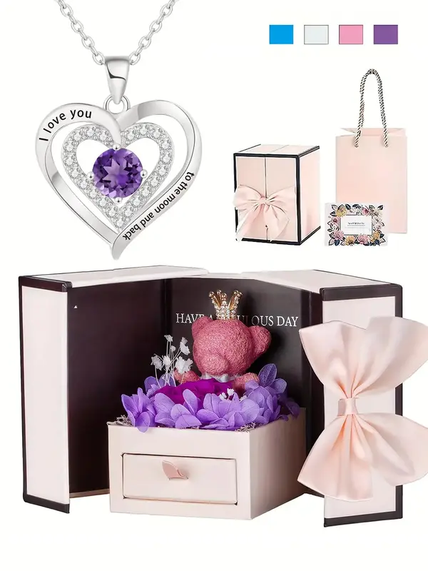 Preserved Rose Bear Gift Box with Mom Birthstone Necklace, Love Heart Pendant Necklace for Mama, Gift for Mom, Mothers Day Gi...