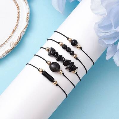 5Pcs 5 Styles Natural Obsidian Braided Bead Bracelets