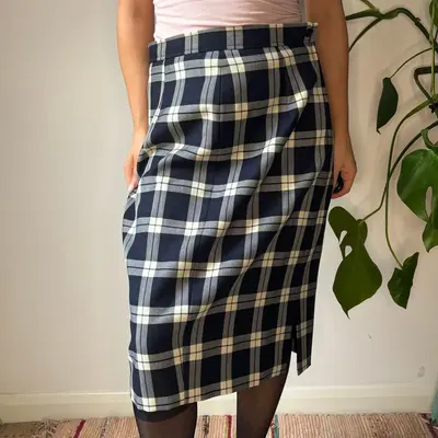 Ungaro Checked Midi Skirt - 32W UK 12 Navy Wool
