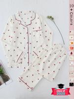 Women's Cartoon Print Button Blouse & Bow Contrast Binding Pants, Fallfreshness Pajama Set, Cute Long Sleeve Lapel Pocket Top...