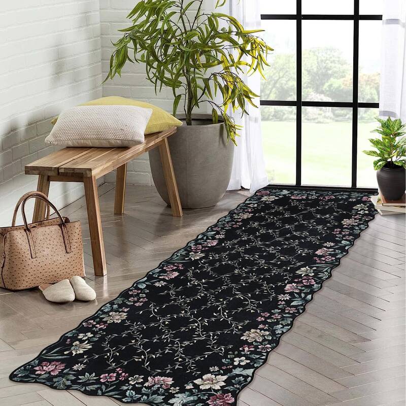 Garvee Floral Irregular Edge Carpet Non Slip Washable Boho Vintage Entry Rug 2x6ft Black