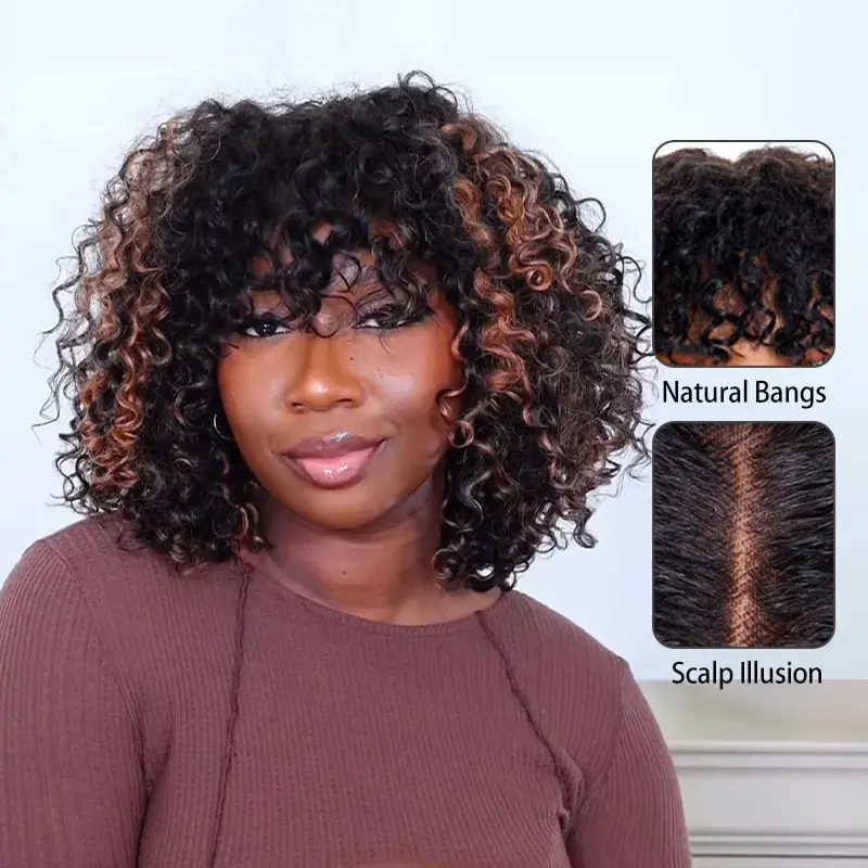 Pull Go 3x1 Scalp Illusion Wig with Natural Curly Bangs Highlight Kinky Curly Fullness Glueless Bob Wig