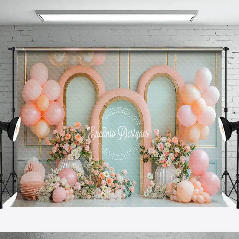 Retro Wall Pink Green Balloons Cake Smash Backdrop - Aperturee