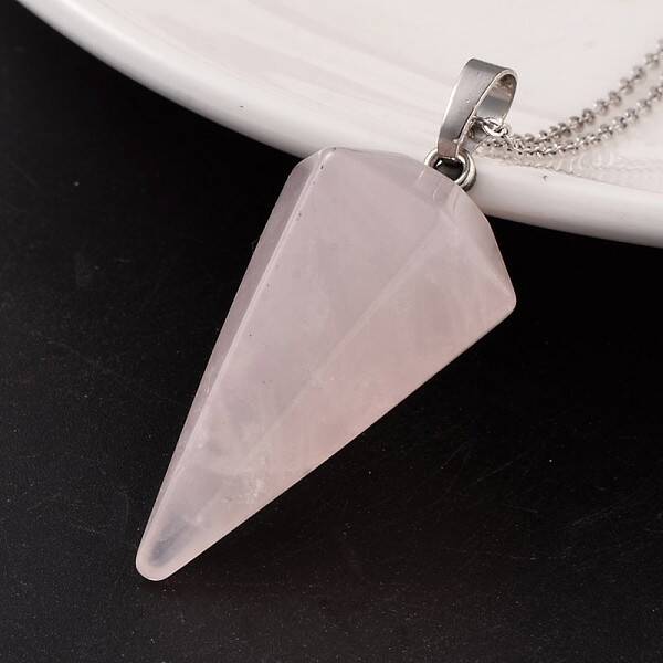 Cone Pendulum Platinum Tone Brass Rose Quartz Pendants