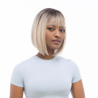 10-Inch Warm Platinum Blonde Blend Ōmbre (Black Roots) Straight Bob Synthetic Wig | 【Heat Resistant】【Cap Included】 |...