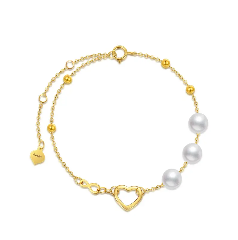 14K Gold Pearl Heart & Infinity Symbol Bracelet for Women