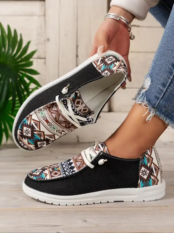 Women's Boho Style Ethnic Pattern Slip on Sneakers, Casual Comfortable Flat Shoes for Daily Wear, Female All-match Round Toe ...