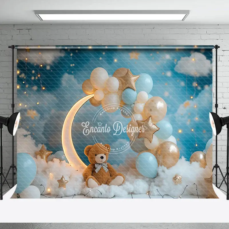 Moon Balloon Bear Bokeh Birthday Cake Smash Backdrop - Aperturee