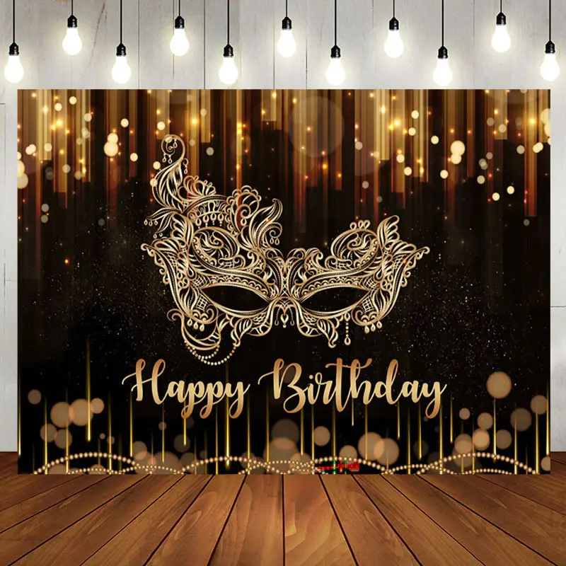 Black Gold Mask Glitter Bokeh Happy Birthday Backdrop - Aperturee